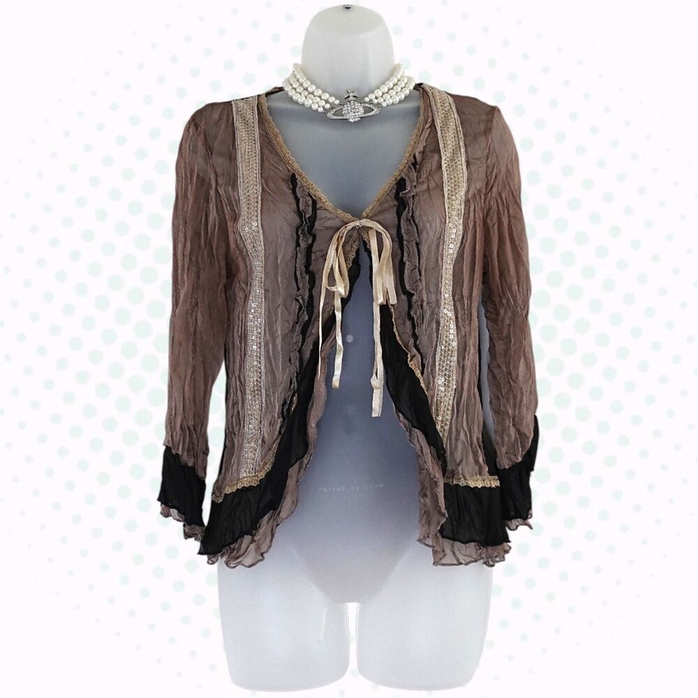 Vintage Young Essence 100% Silk Brown & Black Sequin Tie Front Cardigan Size S